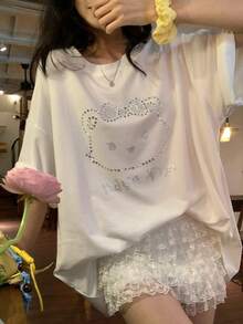 DAZY Women's Round Neck Cartoon Rhinestone Embellished Loose Casual Short Sleeve T-Shirt - White - View 4