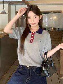 DAZY Women's Collared Contrast Color Korean Style Short Sleeve Knit Top Summer - Grey - View 3