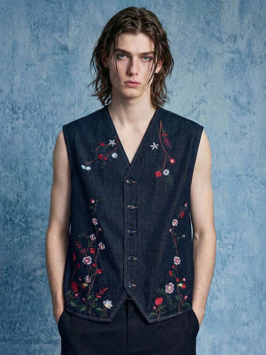 ROMWE MEN Street Life Men's Floral Embroidered Denim Vest - Blue - View 1