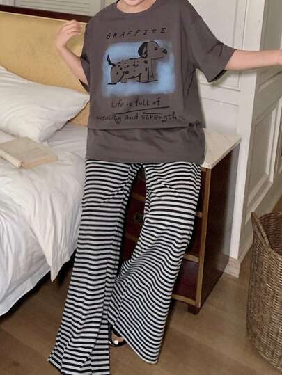 Dazy Plus 大码女式圆领狗狗字母印花短袖上衣和阔腿裤休闲家居服套装