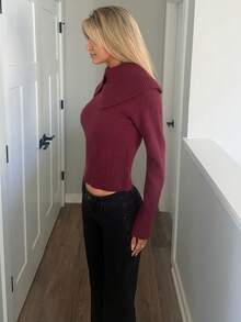 Sydney Algeri 女士酒红色高领长袖修身毛衣，秋冬季 - 酒紅色 - 查看 6