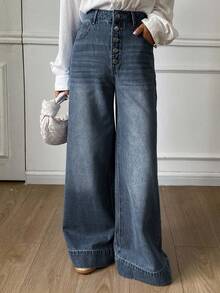 Livesso Women's High Waist Loose Distressed Long Denim Jeans - Dark Wash - View 2