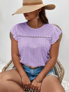 SHEIN Frenchy 大码女式夏季休闲度假日常通勤纯色荷叶边袖口T恤 - 淡紫色 - 查看 6