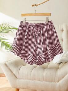 SHEIN Frenchy Plus Size Summer Casual Plaid Ruffle Hem Elastic Waist Shorts - Red - View 3