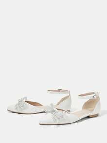 CUCCOO HITCHD Women's Spring/Summer New Fashion Luxury Rhinestone Cute Bow Minimalist Elegant Flat Shoes, Pointed Toe, Romantic Graceful White PU Leather Casual Comfortable Open Toe Backless Buckle Low Heel Flat Wedding Party Valentine's Day Outfit, All Season - White - View 3