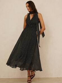 Aveloria Rosie 新款时尚波点V领长款连衣裙女装两件套，吸睛服饰，3D立体剪裁，优雅两件套 - 黑色 - 查看 5