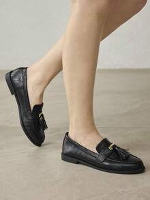 MOTF ZAPATOS PLANOS TIPO MOCASÍN CÓMODOS Y ELEGANTES DE ESTILO BRITÁNICO RETRO PARA MUJER - Negro - Ver 5