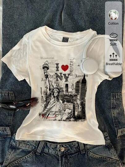 Attitoon 34%Cotton Vintage Style Casual "I Love NY" Letter Graphic, Statue Of Liberty, New York Scenery, Graffiti Print Round Neck Short Sleeve Fitted Women T-Shirt, Suitable For Summer, Vintage, Collegiate, Versatile, Sexy, Cute, Y2K, Coconut Girl, Boho, Hippie Style, Music Festival, Suitable For Autumn/Winter White Graphic Tshirt