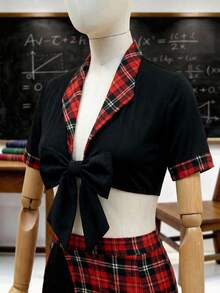Fantasy Costume 4pcs/Set Plaid Pencil Skirt Sexy Professional Outfit - Multicolor - View 3
