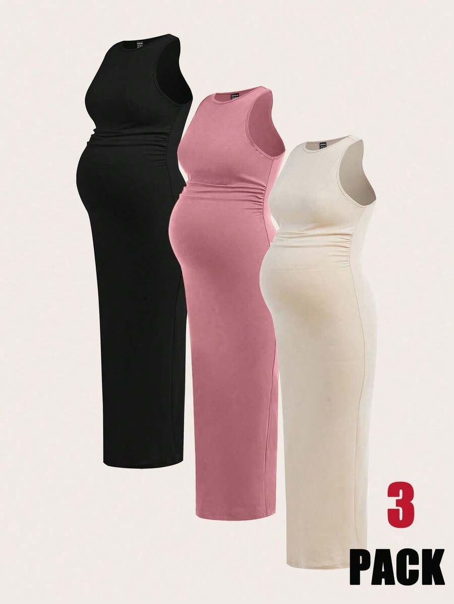 SHEIN 孕妇夏季纯色圆领无袖连衣裙 - 彩色 - 查看 1