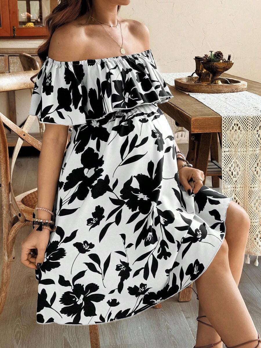 SHEIN Đầm bầu họa tiết hoa, kiểu dáng thường ngày, trễ vai, xếp ly, thích hợp cho kỳ nghỉ hè. - Đen và trắng - Xem 1