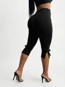 SHEIN SXY Quần legging nữ dáng ôm 7/8, trang trí nơ, kiểu dáng thường ngày, đa năng. - màu đen - Xem 3