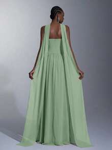 Elitara 优雅深灰紫色雪纺无肩带褶皱不对称扭结长款连衣裙，配有可调节系带腰带（可拆卸挂脖），适合所有正式场合，正式晚礼服 - 綠色 - 查看 2