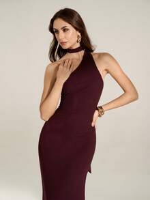 SHEIN Tall Sleeveless Slim Fit Elegant Solid Halter Neck Bodycon Dress - Red - View 6