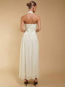 COSMINA 女士白色刺绣蕾丝无袖雪纺拼接连衣裙，优雅百搭，适合婚礼、休闲、度假、派对等场合，简约复古风格 - 白色 - 查看 2