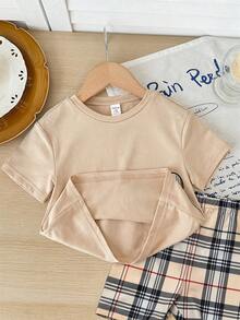 SHEIN Set de tricou și pantaloni scurți cu mânecă scurtă, casual, de vară pentru bebeluși și fetițe, cu imprimeu de ursuleți, stil carouri, casual - Multicolor - Vizualizare 5