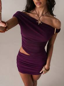 SHEIN BAE Rochie mini la modă pentru femei, cu pliseuri goale, de culoare solidă, cu umăr gol, tip scobit - Violet - Vizualizare 6
