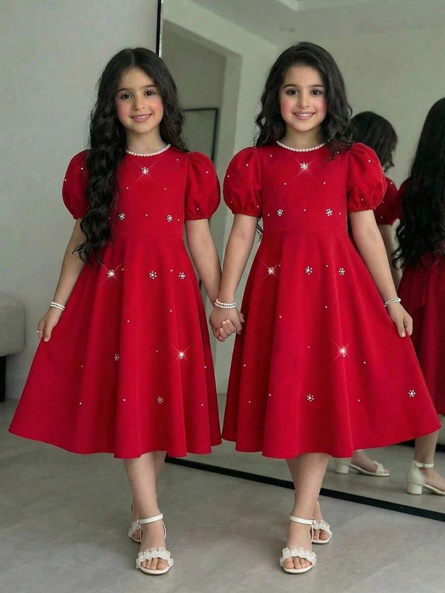 SHEIN 少女休闲优雅珍珠装饰泡泡袖拼接喇叭连衣裙，红色，春夏款 - 酒紅色 - 查看 1