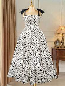 Rometta Plus Size Women's Elegant Chiffon Floral Print Square Neck Sleeveless A-Line Dress,White,Summer,Bachelorette Party,Tea Party,Wedding,Graduation,Dances - Black and White - View 12