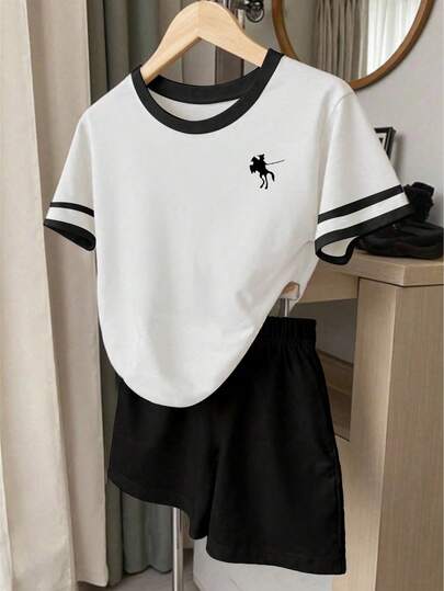Teen Girls Casual, Retro Campus Classic Logo Graphic Short Sleeve Crew Neck T-Shirt And Shorts Set, Suitable For Summer Vacation White T-Shirt For Daily Home Wear Black Striped Printed Fashionable Comfortable Versatile T-Shirt, Suitable For All Seasons Black Equestrian Graphic T-Shirt, Suitable For Girls In Spring, Summer, Autumn And Winter, Comfortable For Daily Casual Wear