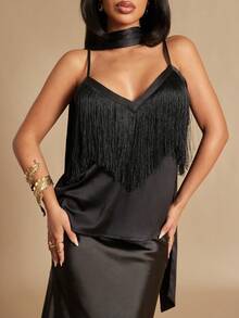 Silquee Party Ready Black Plain Cami Top Women Woven Fabric Regular Length Fringe Detailed Spaghetti Strap - Black - View 6