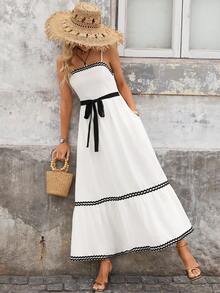 Brillora Damen Lässig Taillengürtel rückenfrei Trägerkleid, Sommer - Schwarz und Weiss - Übersicht 5