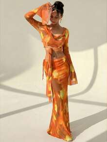 Aloruh Women's Minimalist Printed Long Sleeve Top And Skirt 2 Pieces Set - Orange - View 3