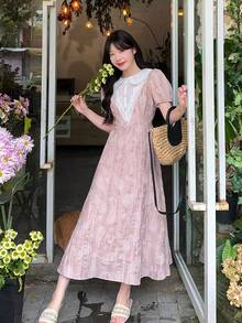 DAZY Robe d'été femme style rétro français, col claudine contrasté, dentelle au crochet, taille cintrée, manches à volants - Rose bonbon - Voir 2