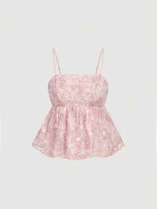 SHEIN MOD Romantic Pink 3D Embroidered Camisole Top.Pink Lace Peplum Top Floral Embroidery Delicate Straps Sweetheart Neckline Sheer Overlay Subtle Shimmer Lightweight Feel Elegant Style Feminine Silhouette Airy Texture Romantic Charm Flared Hem Intricate Pattern Gentle Drape Soft Appearance Pastel Tone Graceful Look Sculpted Bodice Sparkly Accents - Pink - View 2