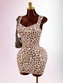 Amplova Shoulder-Padded Leopard Print Bodycon Mini Dress With Lace Bust Panel, Suitable For Music Festivals, Vacations, Spring/Summer/Autumn/Winter - Pink - View 1