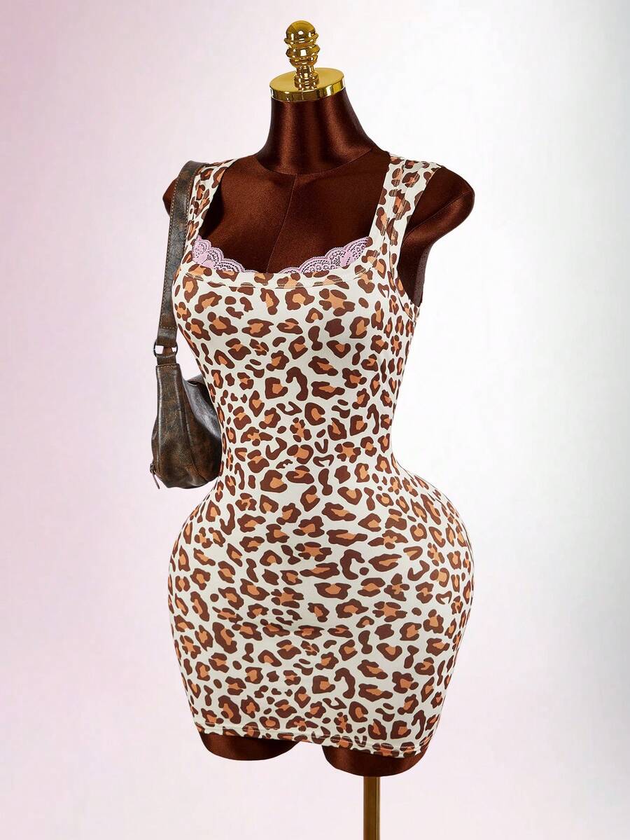 Amplova Shoulder-Padded Leopard Print Bodycon Mini Dress With Lace Bust Panel, Suitable For Music Festivals, Vacations, Spring/Summer/Autumn/Winter - Pink - View 1