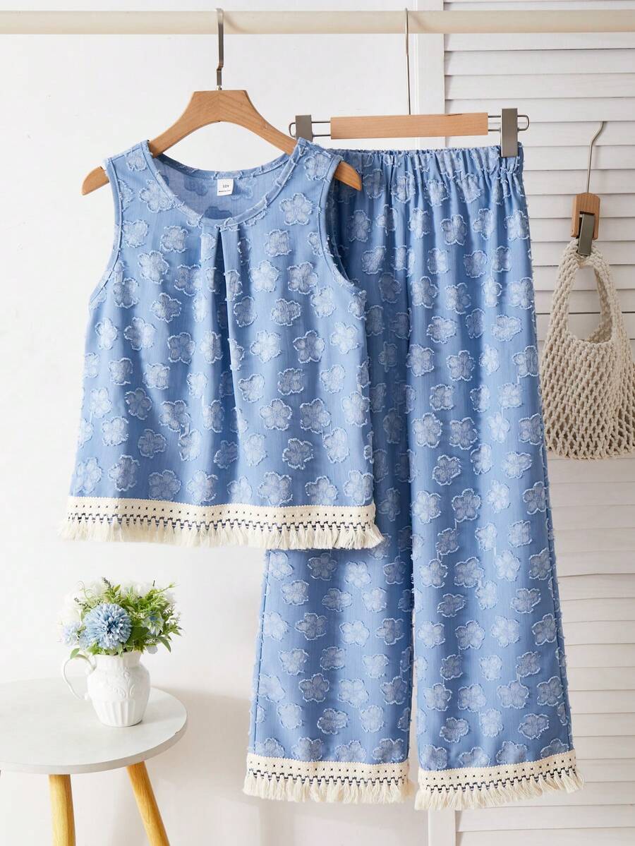 SHEIN 女童纯色梭织背心上衣和阔腿裤两件套,休闲套装,流苏下摆,适合春夏日常穿着 - 藍色 - 查看 1