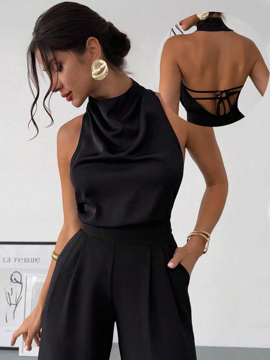SHEIN PETITE CURVE 大码优雅纯色露背吊带露背系带上衣，夏季，露背吊带衫，露背上衣，黑色吊带背心，女士夏季装，情人节女士装，狂欢节女士服装，派对，婚礼及活动，优雅女士衬衫，黑色衬衫 - 黑色 - 查看 1