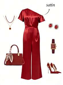 Franclia Women's Elegant Smooth Satin One-Shoulder Gathered Waist Red Jumpsuit, Stylish Jumpsuit, Women's Summer Outfit, Summer Vacation Outfit, Red Jumpsuit, Wide-Leg Jumpsuit, Off-Shoulder Jumpsuit, Casual Jumpsuit, Satin Jumpsuit, Women's Red Jumpsuit, Women's Casual Outfit, Summer Vacation Outfit, Women's Elegant Jumpsuit.Fashionable Casual Commuter Wear, Business Office Wear, Versatile And Stylish Everyday Casual Wear, Urban Teacher's Professional Attire - Red - View 3
