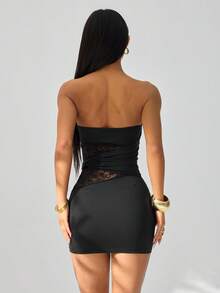 SHEIN PETITE 夏季女士黑色优雅蕾丝拼接真挚长裙，优雅女士连衣裙，派对女士服装，新年女士连衣裙，黑色女士连衣裙，优雅女士连衣裙，伴娘礼服，婚礼派对 - 黑色 - 查看 2