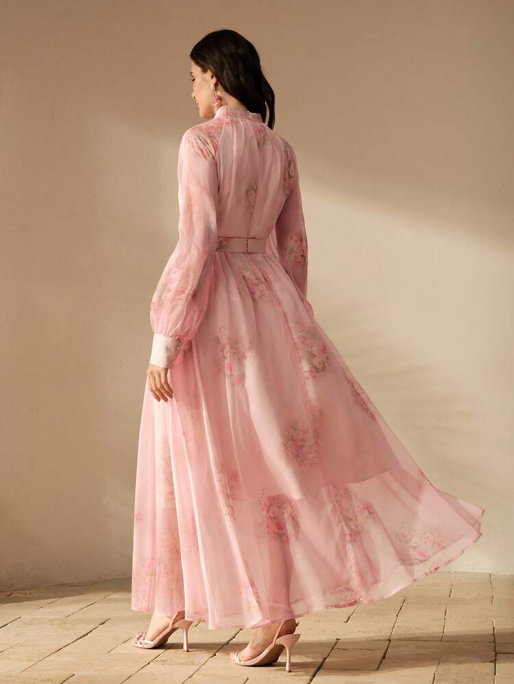 Women's Elegant Floral Digital Print Flowing Maxi Dress, Suitable For French Retro Birthday Party, Vacation, Valentine's Day, Women's Day, Mother's Day Pink Floral Women Dress Elegant Pink Dress Rose Dress