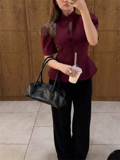 Aloruh Women's Elegant High Collar Gigot Sleeve Fitted Waist Burgundy Blouse,Elegant Women's Blouses,,Going Out Top, Going Out Tops For Women ,Women Office Blouse,Women Office Shirt,Formal Business Shirt