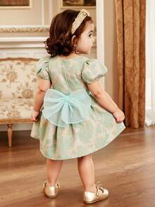 Glamorique Kids 女婴公主裙，蝴蝶结，绿色花卉提花面料，高品质面料，优雅提花连衣裙，适合中东、欧洲、美洲，奢华派对礼服，表演用女婴优雅连衣裙，绿色复古女婴连衣裙，薄荷绿女婴公主裙，优雅蓬蓬女婴连衣裙，欧式女婴连衣裙 - 綠色 - 查看 10