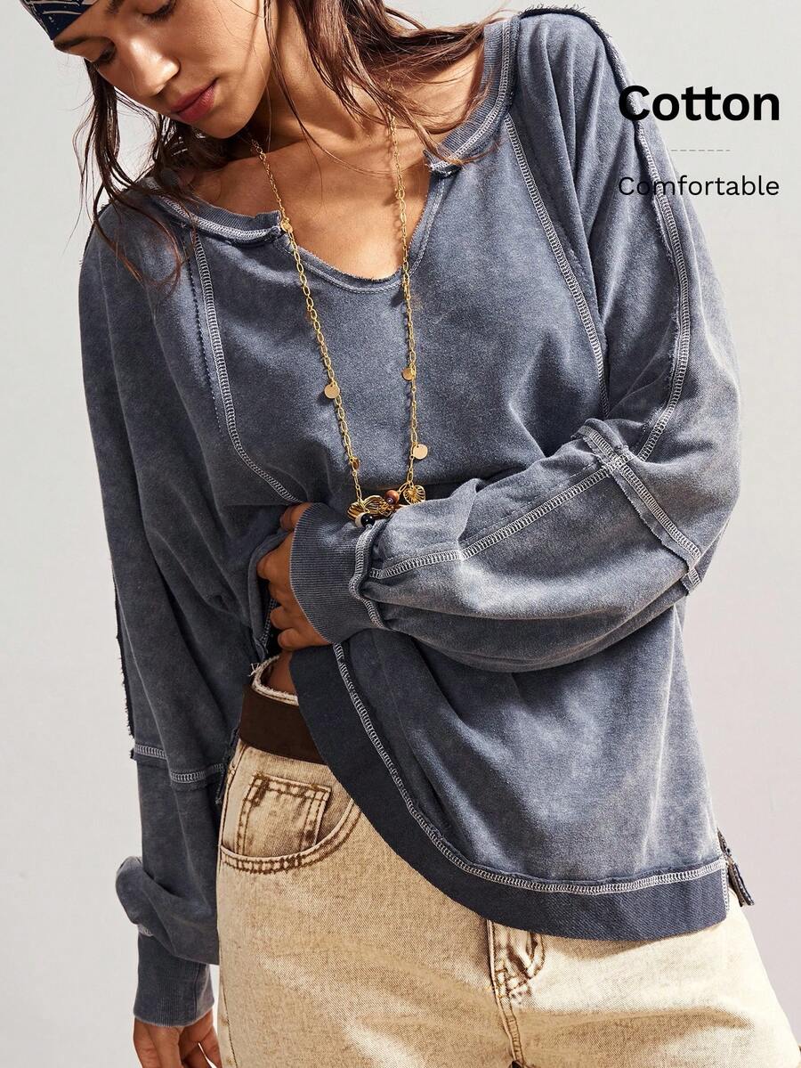 Bohemela Plus Size Solid Color Minimalist Long Sleeve T-Shirt, Everyday Wear/Winter - Grey - View 1