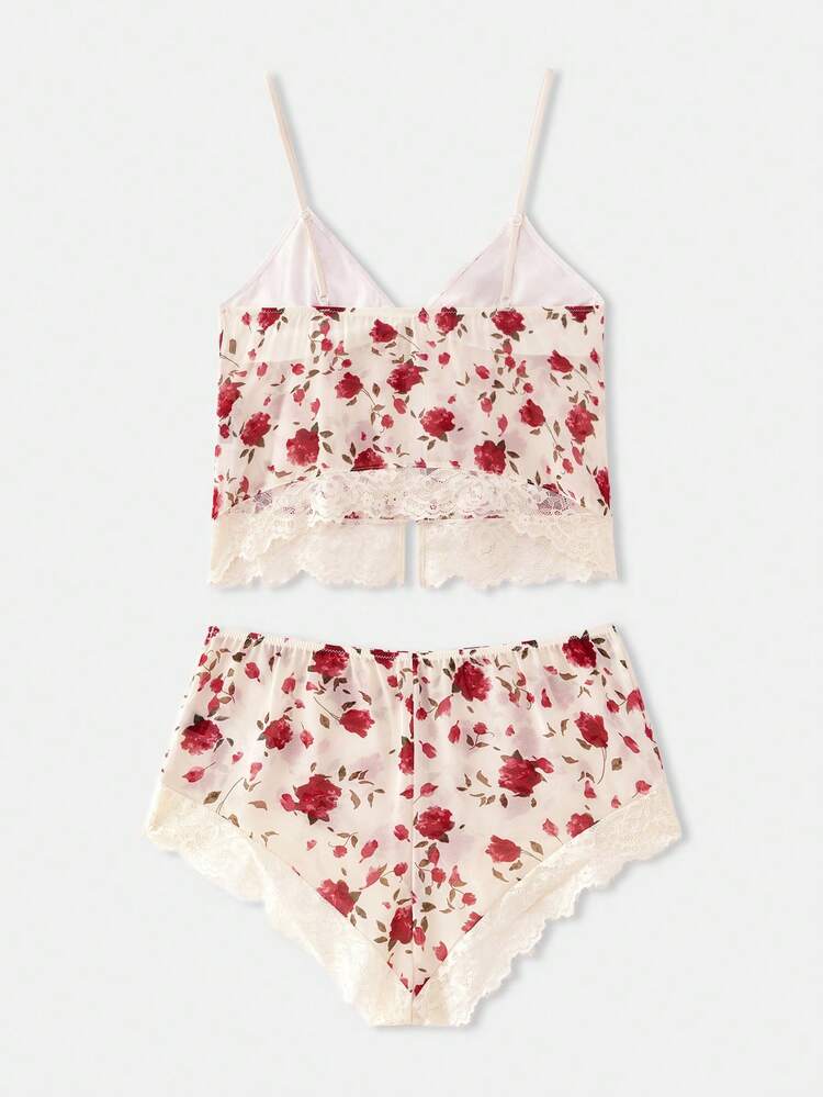 Vintage Style Rose Print Floral Pyjama Open Front Cami Top And Short Set Fall Women Clothes Autumn Winter
