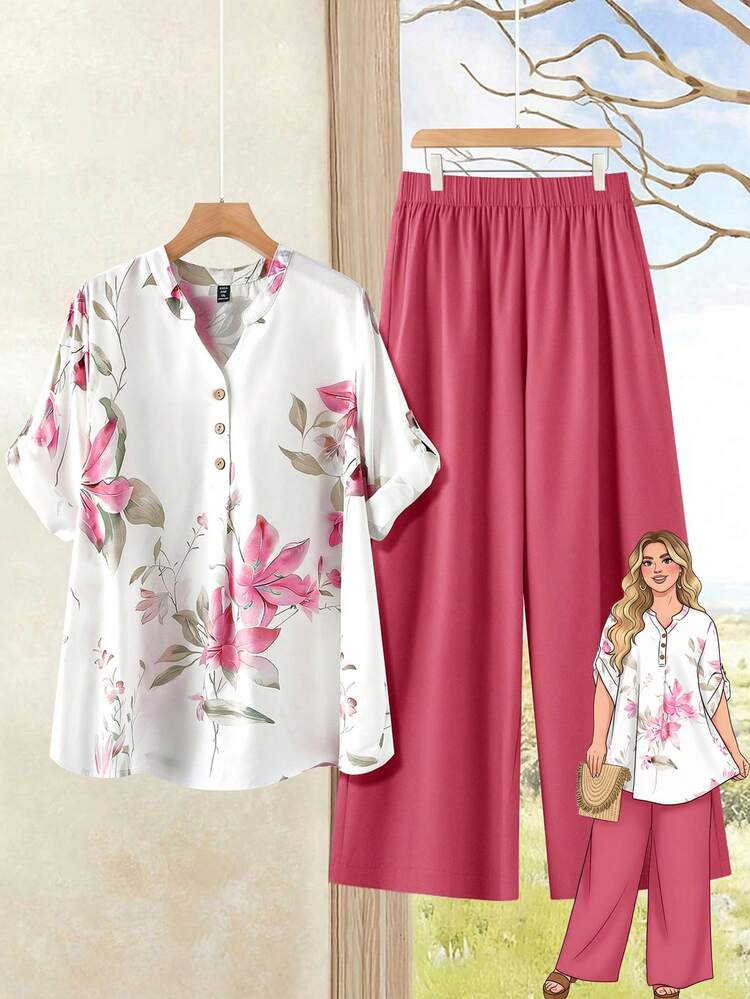Plus Size Floral Print Cutout Short Sleeve Top And Solid Color Pants Casual 2 Piece Set Summer Outfits Summer Clothes  Spring  Spring Outfit Women Spring Clothes Country Style For Women Vacation Outfits Women Women's Summer Two-Piece Sets