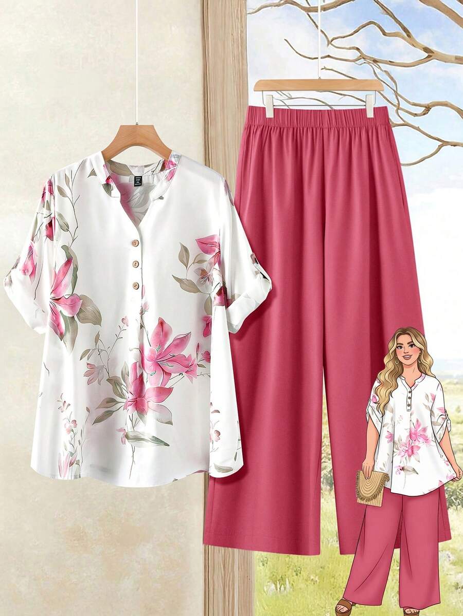 EMERY ROSE 大码印花镂空短袖上衣和纯色长裤休闲两件套 - 玫紅色 - 查看 1