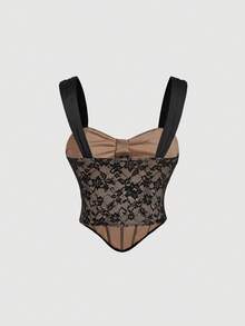 SHEIN MOD 女士优雅黑色蕾丝吊带背心，夏季必备 - 黑色 - 查看 5