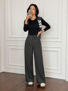 SHEIN PETITE Quần tây nữ màu xám xếp ly thanh lịch có túi, quần thu đông màu xám, quần cạp cao, quần ống rộng, quần dáng suông, quần công sở, quần ống rộng nữ, quần nữ mùa thu đông, quần đi chơi. - Xám - Xem 5