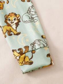 2件套幼儿男童可爱卡通狮子动物印花圆领短袖上衣和弹力腰带长裤休闲针织家居服套装 - 綠色 - 查看 6