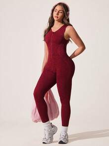 Core Rhythm 单件式无缝豹纹连体裤，无袖露背设计，柔软舒适，适合运动、跑步、休闲、瑜伽等场合。 - 紅色 - 查看 1