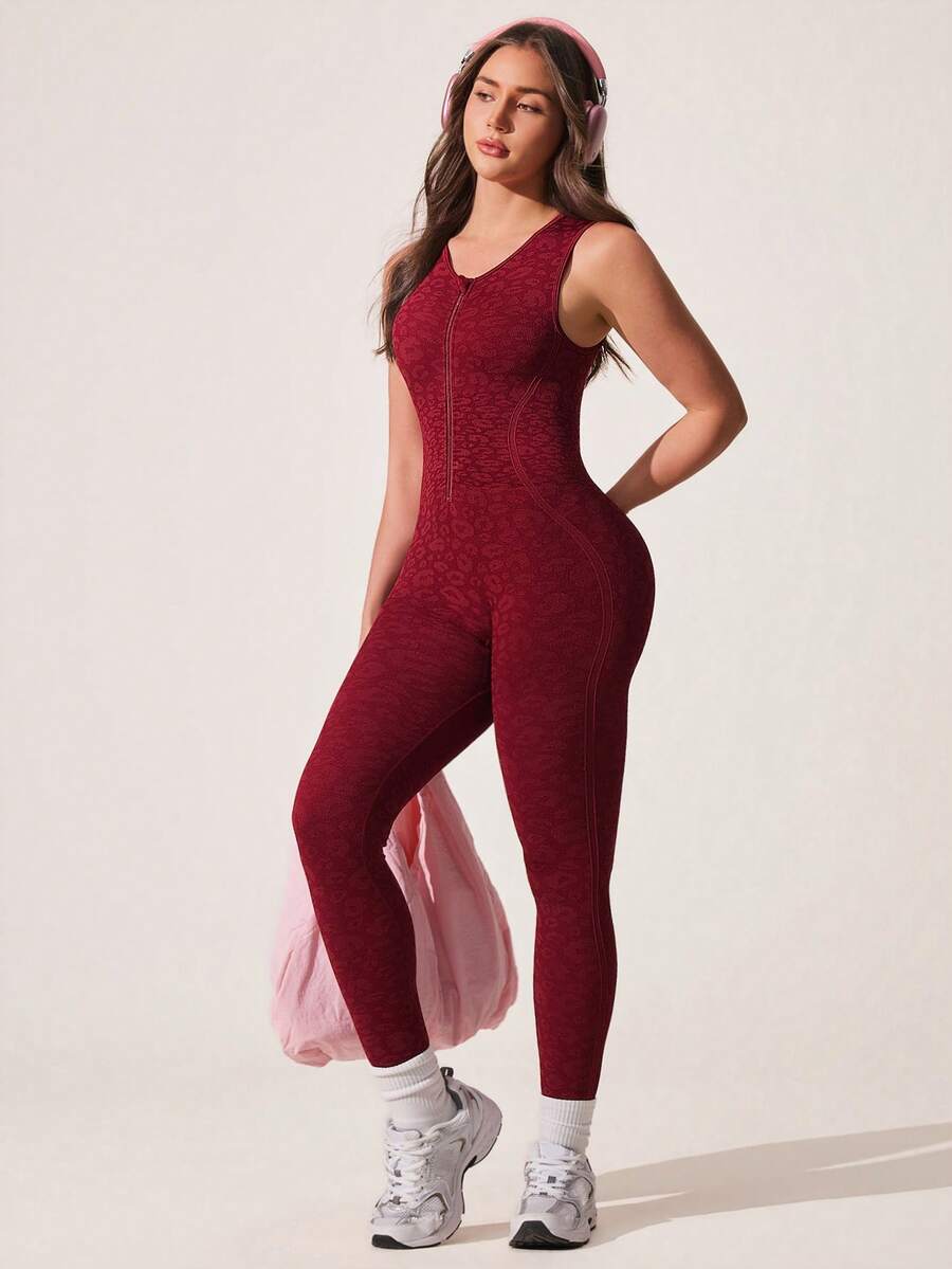 Core Rhythm 单件式无缝豹纹连体裤，无袖露背设计，柔软舒适，适合运动、跑步、休闲、瑜伽等场合。 - 紅色 - 查看 1