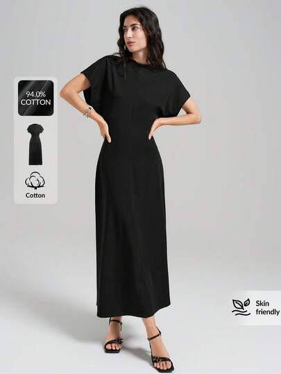 Ontre 2026春夏新款黑色收腰极简连衣裙，优雅蝙蝠袖连衣裙，教师装，女士正式优雅连衣裙