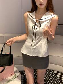 DAZY 女士翻领水手领蝴蝶结无袖衬衫 - 白色 - 查看 1