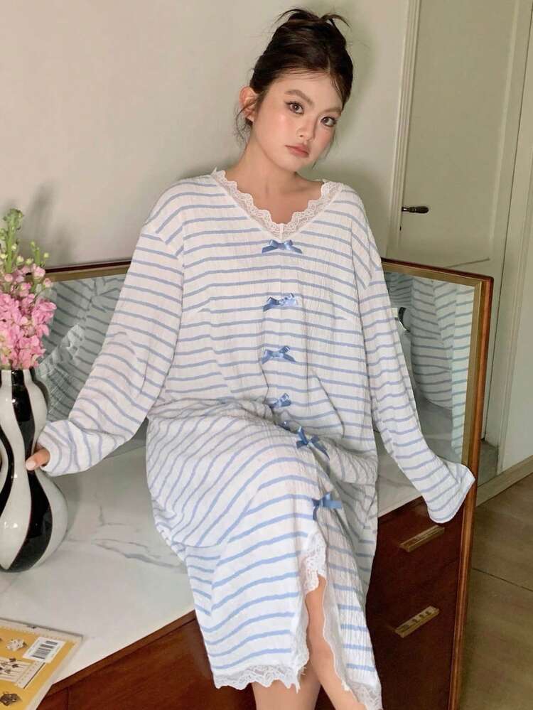 Dazy Plus Bow Decor Striped Pattern Jacquard Knit Fabric Loose Fit Plus Size Women Nightgown, Spring/Summer